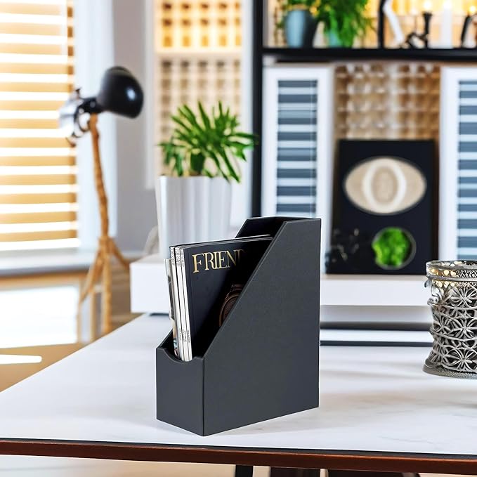 UnionBasic Magazine File Holder, Leatherette Desktop Document Organizer, Home Office Paper Holder File Storage Literature Sorter, Dark Grey