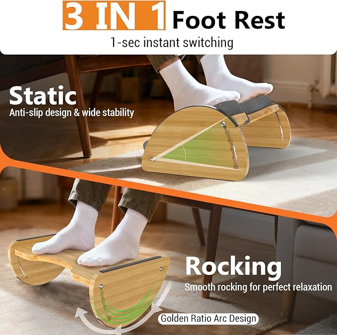 Bamboo Foot Rest for Under Desk at Work - 3-in-1 Reversible Rocking Under Desk Footrest with Foam Cushion and 6 Adjustable Heights, Ergonomic Foot Rest with Washable Cover for Home, Office and Gaming