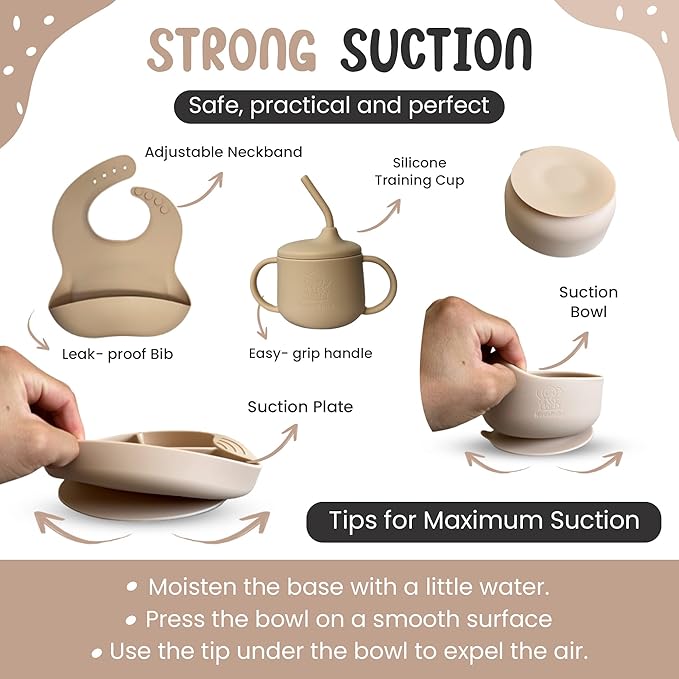 Silicone Baby Feeding Set, Eating Utensils with Suction Plate and Bowl, Baby Led Weaning Supplies, Toddler Self Feeding Dish Set with Waterproof Full Sleeve Bib, Spoon, 10pcs (Beige)