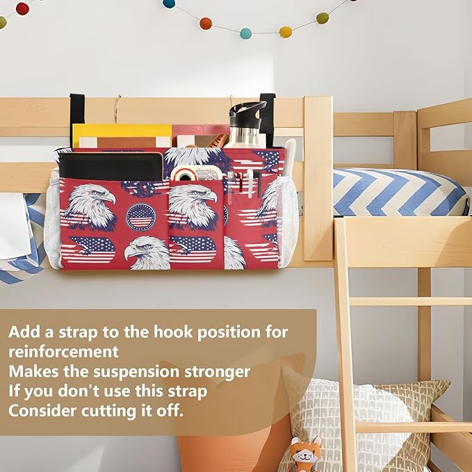 American Flag Bald Eagle Red Bedside Caddy for Dorm Bed Bedside Hanging Caddy Bag Iron Frame Storage Organizer Pocket for Bunk Home College Hospital Beds 2 Hooks