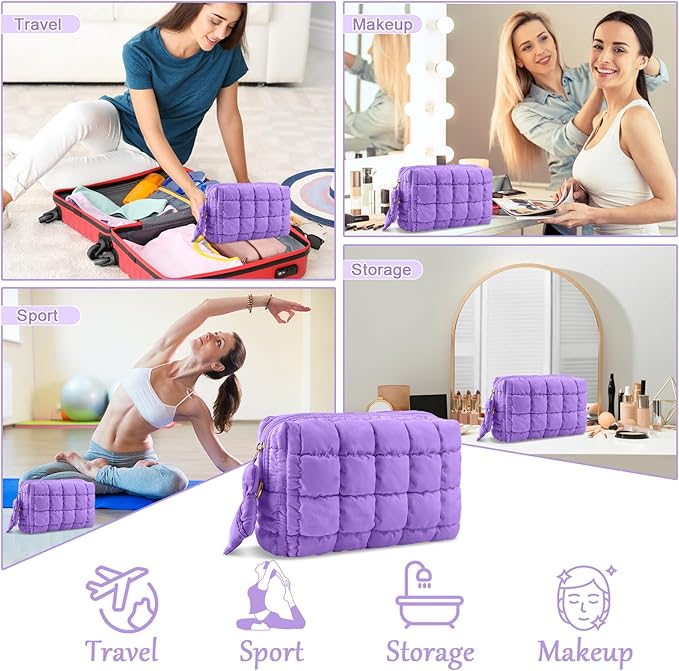 Puffer Quilted Makeup Bag Cosmetic Bags,Puffy Travel Toiletry Pouch for Women,Cute Checkered Zipper Bag Travel Essential,Portable Aesthetic Make up Organizer Bag for Gifts Work Daily(Purple,M)