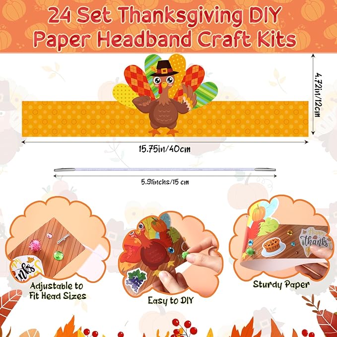 24 Set Thanksgiving Turkey Arts Crafts Kits DIY Thanksgiving Craft Headband Turkey Paper Hat with Pumpkin Fall Leaf Turkey Stickers Gems Eyes Sheets for Thankful Activities Crafts Supplies