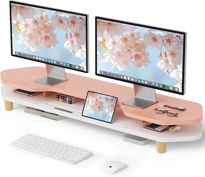 AFOOYO 2 Tier Dual Monitor Stand Riser,Wider Board Computer Monitor Stand for 2 Monitors,Slot For Phone/Tablet Office Desktop Organizer for Laptop,PC,Computer,Printer,Pink