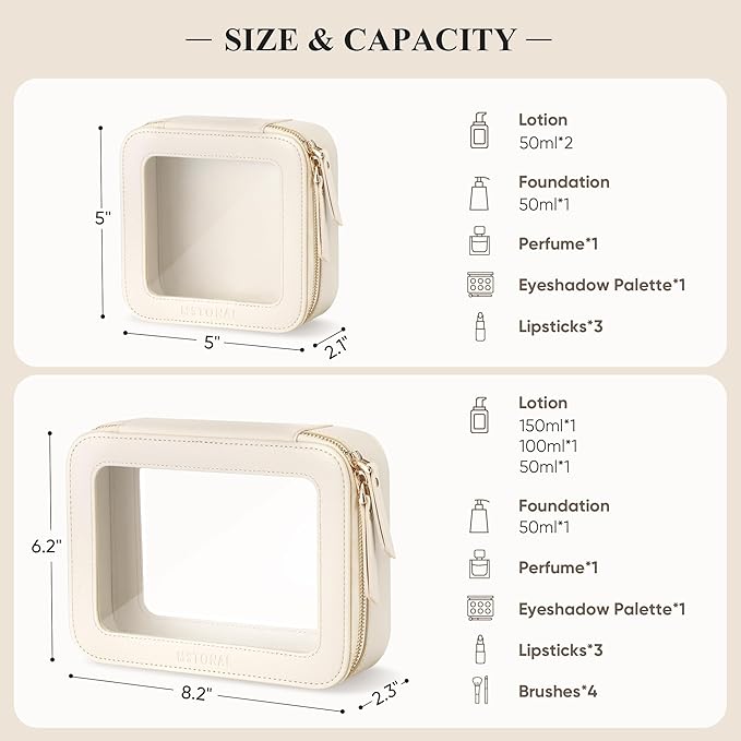 MSTONAL Clear Makeup Bag, Travel Toiletry Bag Cosmetic Case for Women, Waterproof Portable Small Make Up Skincare Pouch with Zipper, Compact Car Organizer Bag for Essentials, Mini Size, Beige