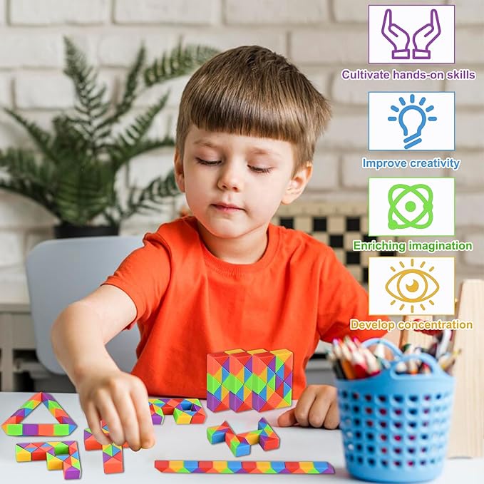 GOLDGE 24 Pack Mini Fidget Snake Cube Puzzle Toys - Party Favors & Goodie Bag Fillers, Travel Toys for Kids Ages 4-8, Rainbow Colors - Bulk Birthday & Back to School Gifts - Stocking Stuffers