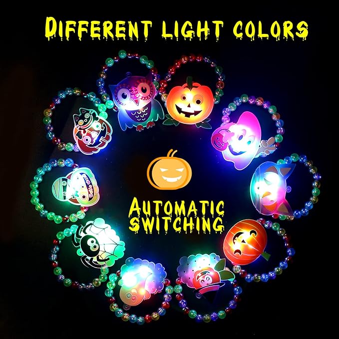 CCINEE 10pcs Halloween Led Bracelets, Light Up Toys Beaded Flashing for Non Candy Treats Halloween Party Favors Halloween Toys Kids Goody Bag Fillers Glow in the Dark Party Supplies(10 Styles)