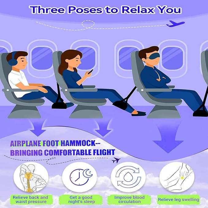 Perfitel Airplane Footrest Hammock, Adjustable Portable Travel Footrest with Thickened Foam, PVC Board, Breathable Soft Lining (Blue)