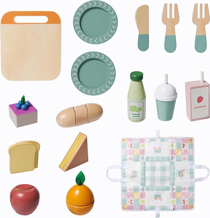 21pcs Wooden Play Food Set for Kids Kitchen, Cutting Pretend Play Toy Picnic Playset with Food, Fruit, Juice and Bag, Toddler Toy Food Play Kitchen Accessories Boys & Girls Birthday Gift