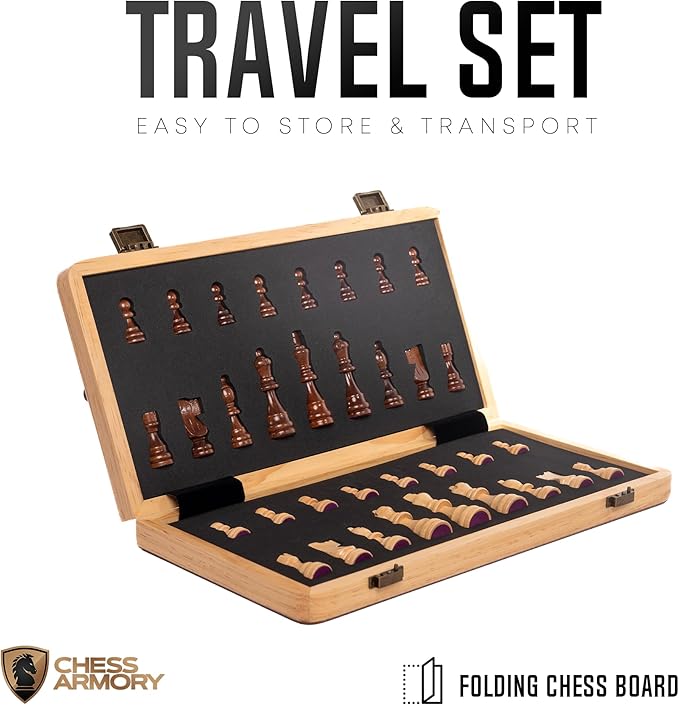 15 Inch Magnetic Wooden Chess Set for Adults & Kids - Folding Travel Chess Board with Handcrafted Staunton Pieces, Extra Queens, and Storage Slots