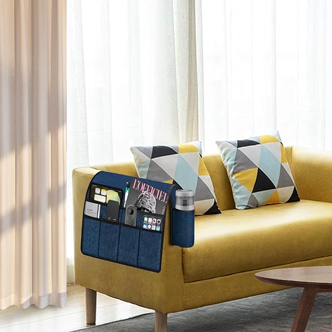 Ntomtuex Sofa Armchair Caddy Remote Control Holder with Water Bottle for Couch Recliner, Armrest Organizer with 7-Pocket Design for Magazines, Eyeglasses, iPad, Phone, Dark Blue