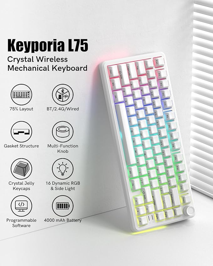 L75 Wireless Mechanical Keyboard with Knob, 75% Hot Swappable Custom Gaming Keyboard Gasket Structure with RGB Backlit, Pre-lubed Switches, Crystal Jelly PBT Keycaps, 2.4GHz/USB-C/BT5.0 Mode