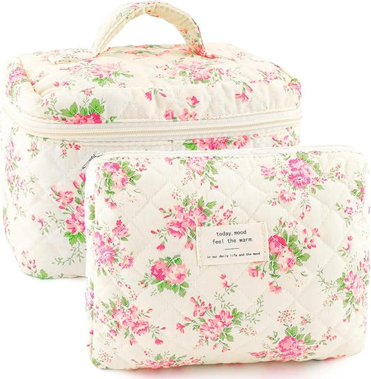 URSKYTOUS 2Pcs Cotton Quilted Makeup Bag for Women Extra Large Small Travel Cosmetic Bag Set Cute Pink Floral Print Makeup Pouch Portable Toiletry Bag Organizer Coquette Vintage Puffy Travel Essential