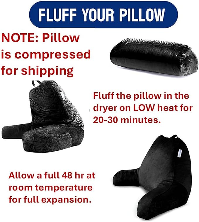 ComfortSpa Reading Pillow for Kids Teens Adult, Back Rest Pillow with Arms, Pockets, Washable Cover; Use as a Back Pillow for Bed Sitting Up for Bedrest or Relief from GERD Heartburn (Standard Black)