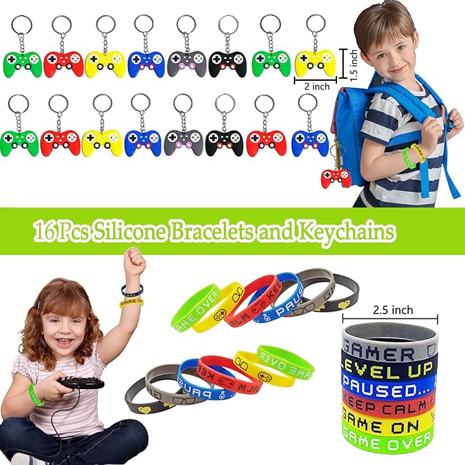 80 Pcs Video Game Party Favors Party Supplies Invisible Ink Pens Notebook Silicone Bracelet Gift Paper Bag Video Game Controller Keychain Birthday Supplies for Kids Gamer Party Favors Game Stuffer Bag
