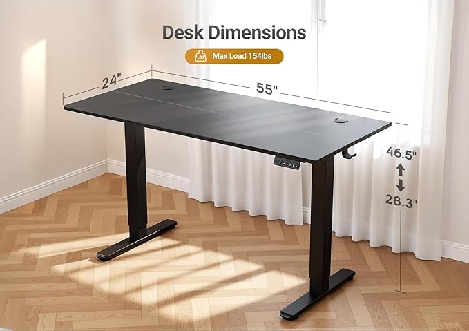 Seang Electric Height Adjustable Standing Desk, 55 x 24 Inch Sit-Stand Desk with T-Shaped Frame, 3 Memory Presets & Cable Management for Home Office Computer Workstation, Black Frame/Black Top