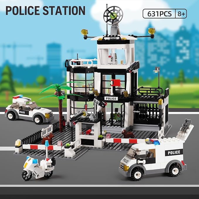 City Police Station STEM Building Kit,Compatible with Lego City Police Station Toy with Police Car,Police Motorcycle,MOC Ideas Best Toy Gift for 8+ Boys.631PCS