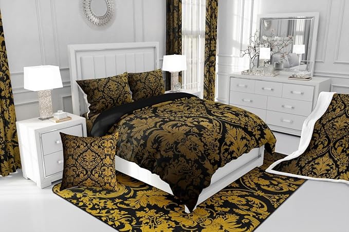 Feelyou Black Gold Comforter Cover Set Queen Size Vintage Damask Floral Duvet Cover for Kids Adult Oriental Antique Bedding Set Gothic Boho Flower Bedspread Cover for Bedroom Decor,No Comforter