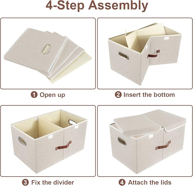 TYEERS Extra Large Collapsible Storage Bins with Lids and Compartments, Washable, Fabric Storage Boxes, 21.7x13x11.8 inches, 1 Pack, Beige