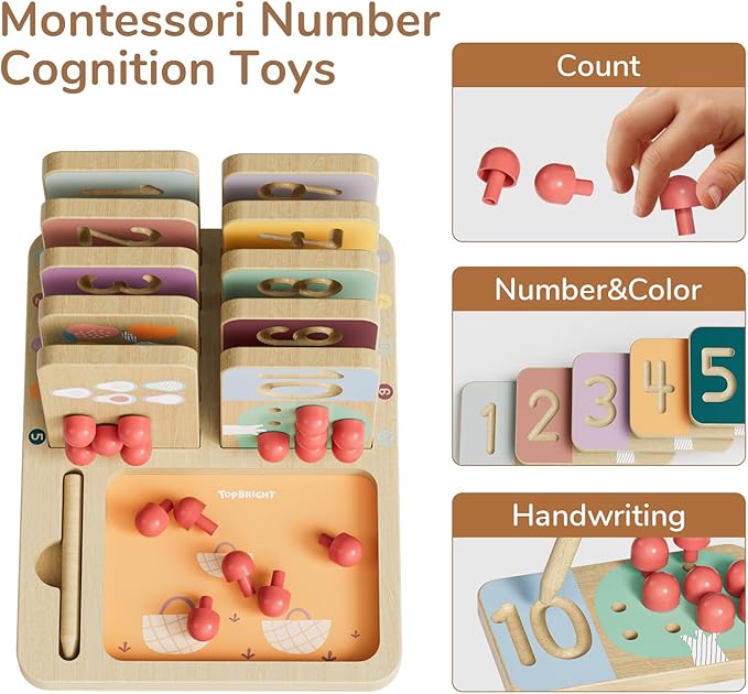 TOP BRIGHT Montessori Toy for Toddlers - Counting Peg Board & Number Tracing Game - Wooden Math Manipulative Materials, Educational Learning Toy for 3 4 5 Year Old Kids, Home Schooling Materials