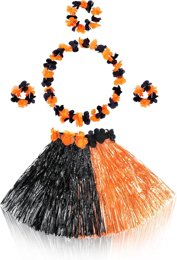 Fortuning's JDS Girl's Hawaiian Hula Grass Skirt for Party Outfits Kids Flowers Costume for Luau Tropical Beach Party Decor