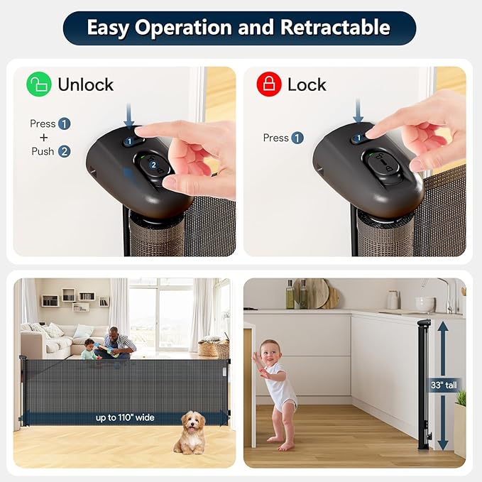 Bulubaky Extra Tall Safety Retractable Baby Gate Adjustable Wide Retractable Dog Gate Mesh Baby Gate Child Gate for Doorway, Hallway, Stair Gates for Kids or Pets (Black, 33" Tall x 110")