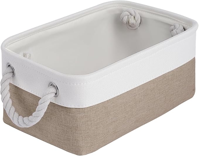 VQRTEXA Storage Baskets for Shelves 11.8x7.9x5.2 Inch, Foldable Fabric Storage Bins with Handles, Small Storage Baskets for Organizing Closet, Bathroom, Office, Home Organization (1-Pack, White&Khaki)