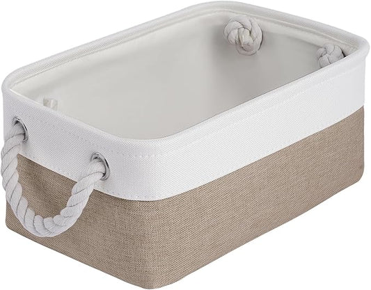 VQRTEXA Storage Baskets for Shelves 11.8x7.9x5.2 Inch, Foldable Fabric Storage Bins with Handles, Small Storage Baskets for Organizing Closet, Bathroom, Office, Home Organization (1-Pack, White&Khaki)
