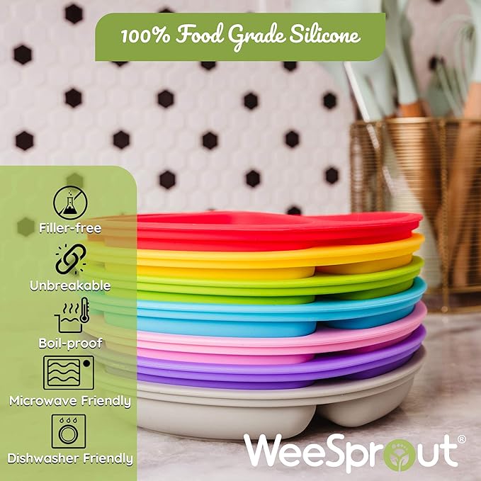 WeeSprout Suction Plates for Babies & Toddlers - 100% Silicone, Dinnerware Stays Put, Divided Design for Picky Eaters, Microwave & Dishwasher Friendly, 3 Pack