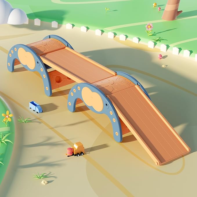 Children's Indoor Climbing Slideway Swing Playground 4-in-1 Function: Slide, Rock Climbing, Balance Board and Cradle Safe and Solid Montessori Toys Blue（2 Climbing Frame+2 Sliding Plate）