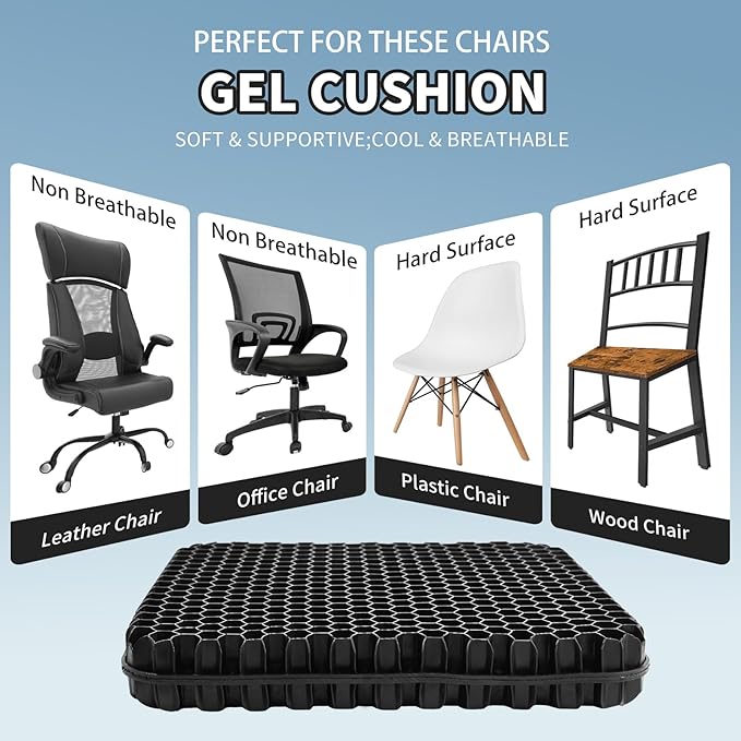Gel Seat Cushion for Long Sitting - 16.5" x 14.5" x 2.4" (Extra Thick＆Soft) Gel Cushion for People Over 180 lbs, Pressure Relief Cushion for Office Chair, Egg Cushions for Wheelchair, Gel Pad for Car