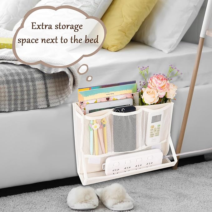 Bedside Caddy Bedside Storage Organizer Bedside Organizer with Power Strip Holder and 2 Adjustable Straps for Home Bunk Bed College Dorm Sofa (2 Pack White)