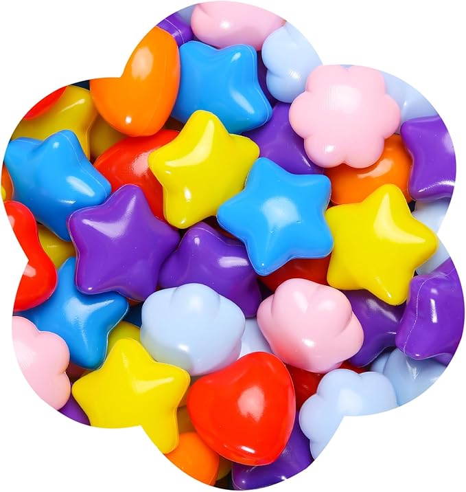 GOGOSO Ball Pits Balls for Toddlers, 100 Stars Hearts Florid Shapes Ball, Flowers Plastics Balls for Bounce House, Pastel Ball for Kids Birthday Party Xmas Friendship Bracelet Banner Decor