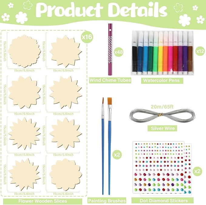 gisgfim 16 Pack Lotus Flower Wind Chime Crafts Kits for Kids Make Your Own Mandala Wind Chime Wooden DIY Arts and Crafts Decoration for Xmas Party School Classroom Decorations Supplies Birthday Favors