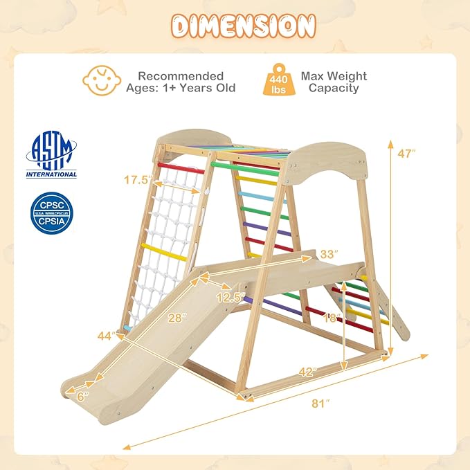 Costzon Indoor Jungle Gym, 6-in-1 Montessori Climbing Toys for Toddlers with Slide, Climbing Net, Monkey Bars, Wooden Playground Climber Playset for Kids Gifts Presents