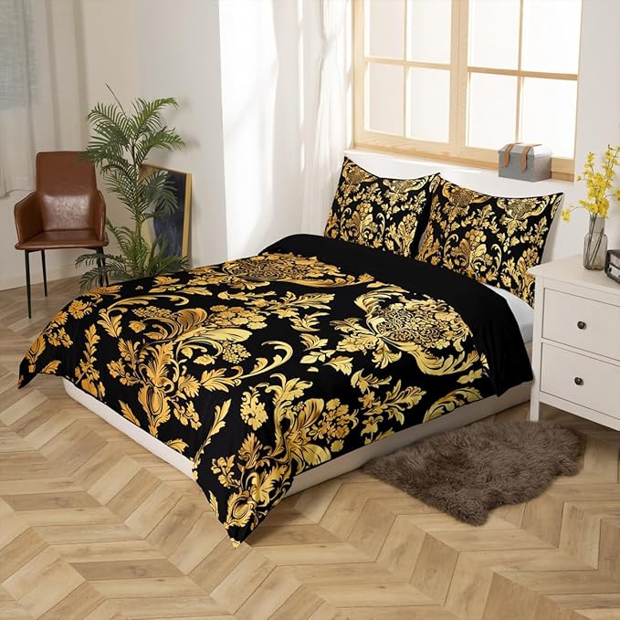 Feelyou Gold Black Vintage Floral Bedding Set King Size Gothic Bohemia Boho Flower Duvet Cover Set for Kids Adult Oriental Antique Comforter Cover Luxury Quilt Cover for Bedroom Decor,No Comforter