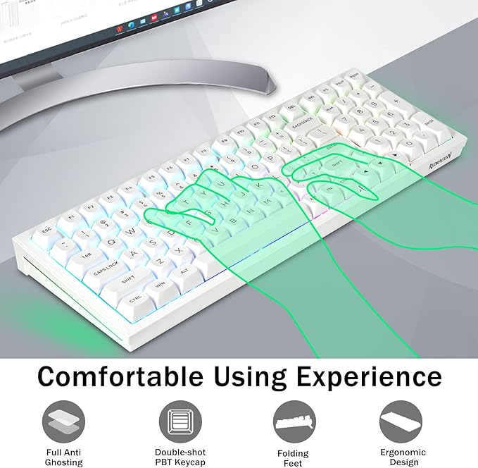 Redragon K723 Wireless Mechanical Gaming Keyboard Creamy, Bluetooth/2.4G/USB-C Wired, RGB Backlit, Hot Swappable Pre-lubed Linear Switches, 96% Custom Gasket Structure for PC/Mac/PS/Xbox,White