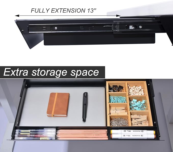 Large Under Desk Mounted Sliding Drawer with Bamboo Tray and 60 Degree Tilt Panel to Pull Out, 22'' Long & 13'' deep Large Storage Organizer for Sit Stand Workstation