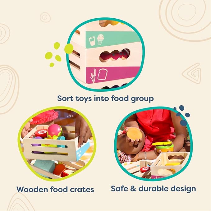 B. toys- Little Foodie Groups- Pretend Play Wooden Play Food – Food Group Crates – 24 Play Kitchen Accessories – Educational Toys for Kids – 3 Years +