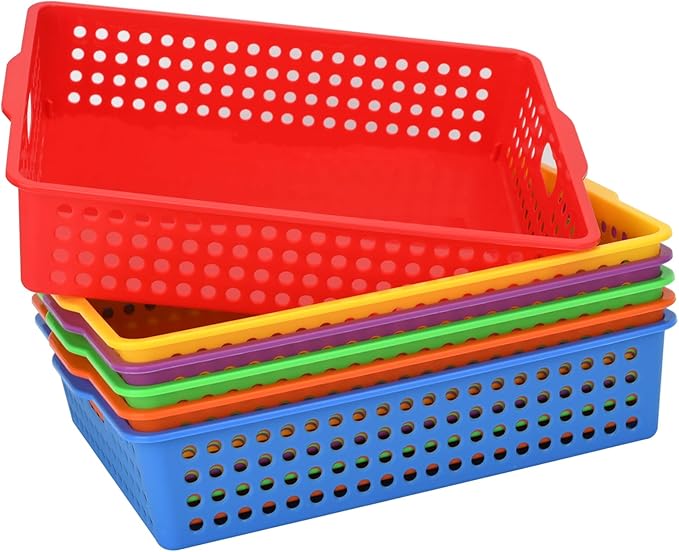 6-Pack Stackable Paper Trays with Handles, Modern Desktop Organizer for A4 Documents, Homework Turn-in Bins for Classroom & Office Use (Rainbow)