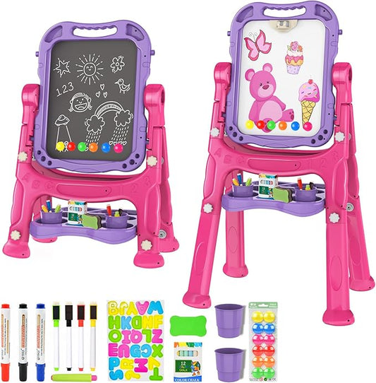 Amagoing Easel for Kids, Adjustable Standing Art Easel for Toddler, Double Drawing Board with Painting Accessories, Birthday Christmas Gift for Little Boys and Girls, Middle Size Purple