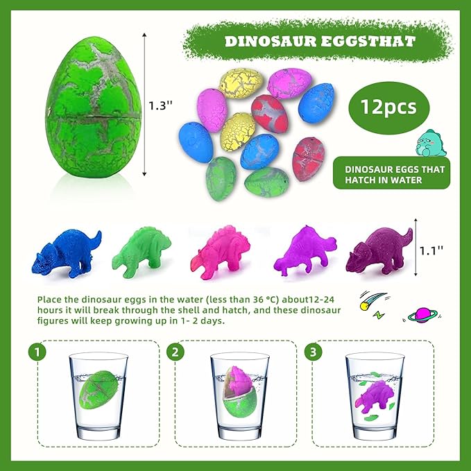 144Pcs Dinosaur Party Favors for 12 Kid, Dino Birthday Party Favors Include Dinosaur Bubble Wands Hatching Eggs Bags Art Kit Silicone Rings Bracelets Stickers for Dinosaur Birthday Party Supplies