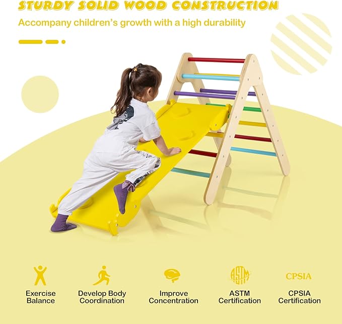 HONEY JOY Triangle Climber with Ramp, 2-Side Ramp for Climb & Slide, Kids Climbing Triangle Ladder for Daycare, Gym & Playground, Wooden Montessori Climbing Toys for Toddlers, Gift for Boys Girls