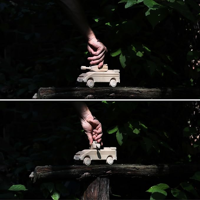 Handmade Wooden Toy Transporter, Paintable WW2 Army Car, Rotating Turret & Wheels, Children's Handcrafted Military Toy, Ideal for Boys, Decoration, Kids Play and Learning