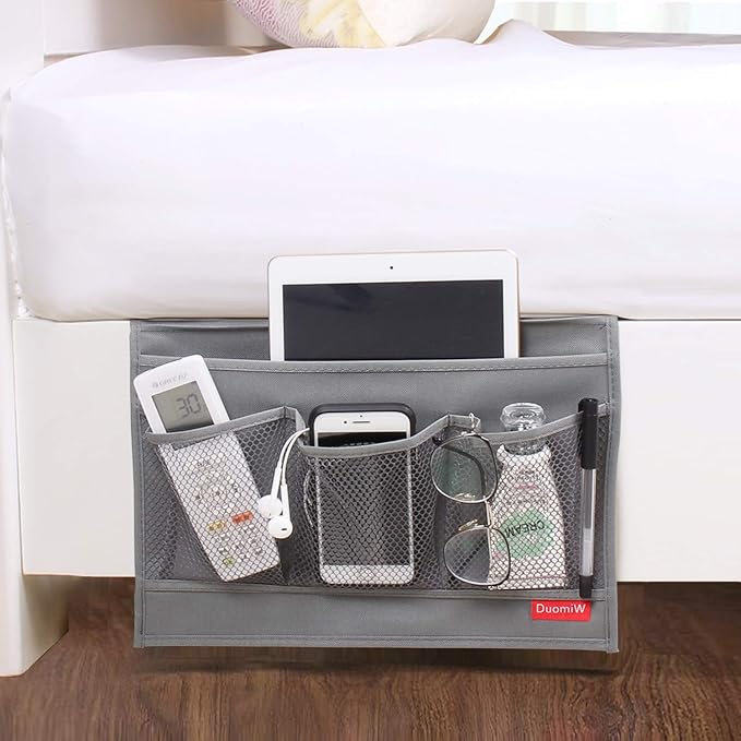 Bedside Storage Organizer, Bedside Caddy, Table Cabinet Storage Organizer, TV Remote Control, Phones, Magazines, Tablets, Accessories, Grey