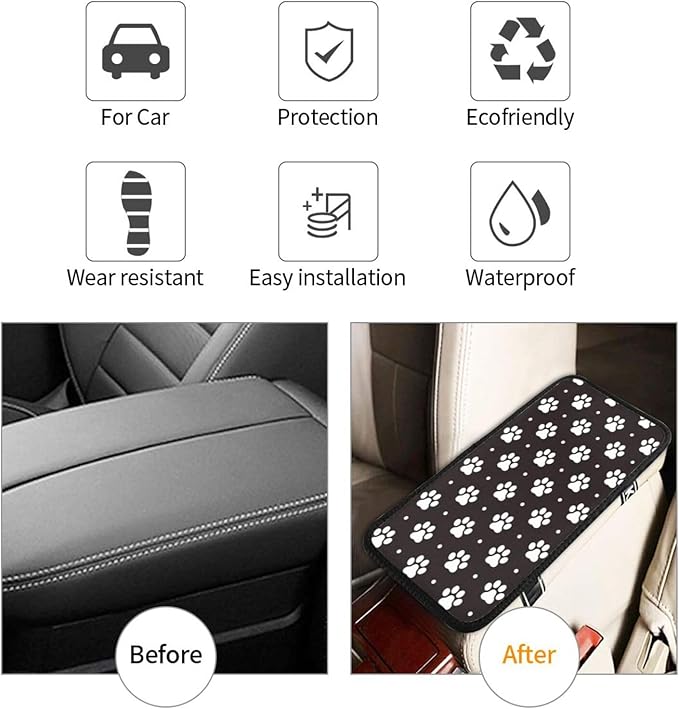 DORKEIXIA Paw Dog Paw Prints Black and White Foot Print Puppy Auto Center Console Armrest Pad Universal Car Center Console Cover Seat Box Cover for Sedan, Van, SUV, Truck Car Accessorie