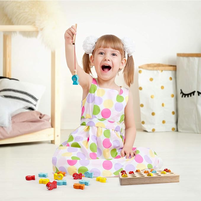 Coogam Wooden Magnetic Fishing Game, Fine Motor Skill Toy ABC Alphabet Color Sorting Puzzle, Montessori Letters Cognition Preschool Gift for Years Old Kid Early Learning with 2 Pole