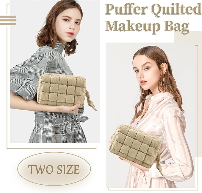 Puffer Quilted Makeup Bag Cosmetic Bags,Puffy Travel Toiletry Pouch for Women,Cute Checkered Zipper Bag Travel Essential,Portable Aesthetic Make up Organizer Bag for Gifts Work Daily(Khaki,M)