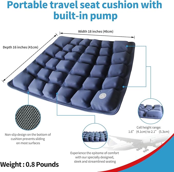 Inflatable Travel Seat Cushion with Built-in Pump & Carry Bag (Blue Cushion with Silver Storage Bag)