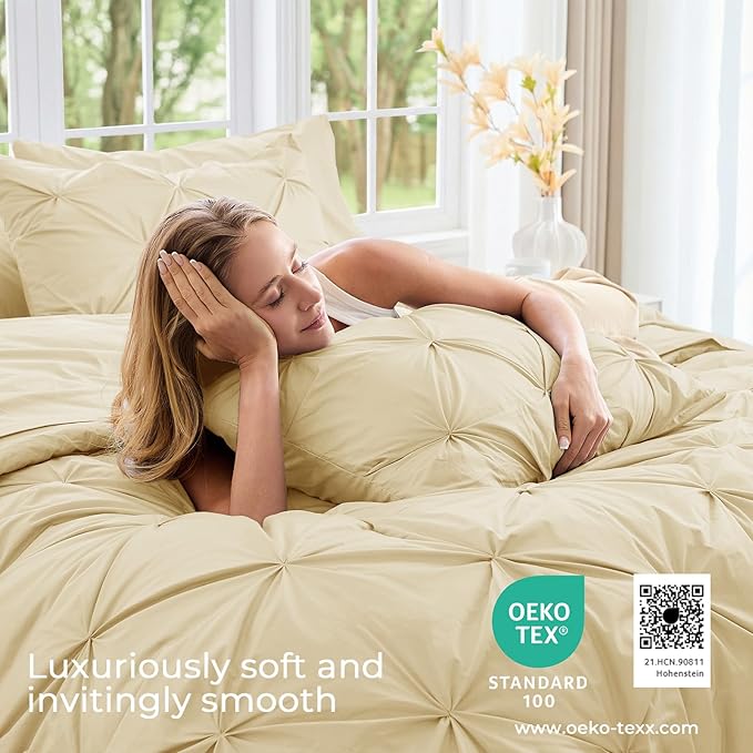 Sasttie Full Size Comforter Set, 7-Piece Bed in a Bag, Pintuck Bedding Set for All Season, Includes Comforter, Flat Sheet, Fitted Sheet, Pillowcases and Pillowshams, Pale Yellow