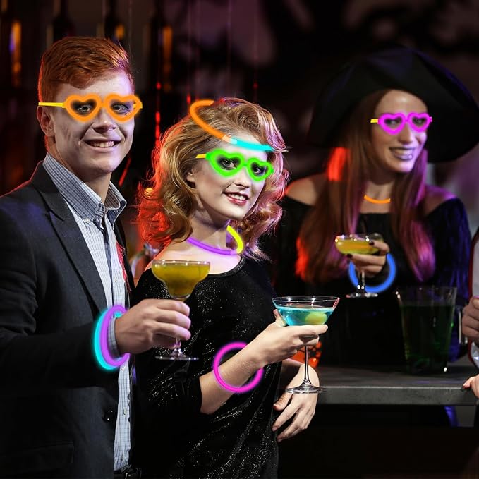 12 Pack Glow Heart Glasses Valentines Day Toys Gifts with 40 Glow Sticks & Connectors (for 12 Glow Glasses & 16 Bracelets), Neon Light Up Party Favor Supplies for Birthday Camping Dance (kids&Adults)